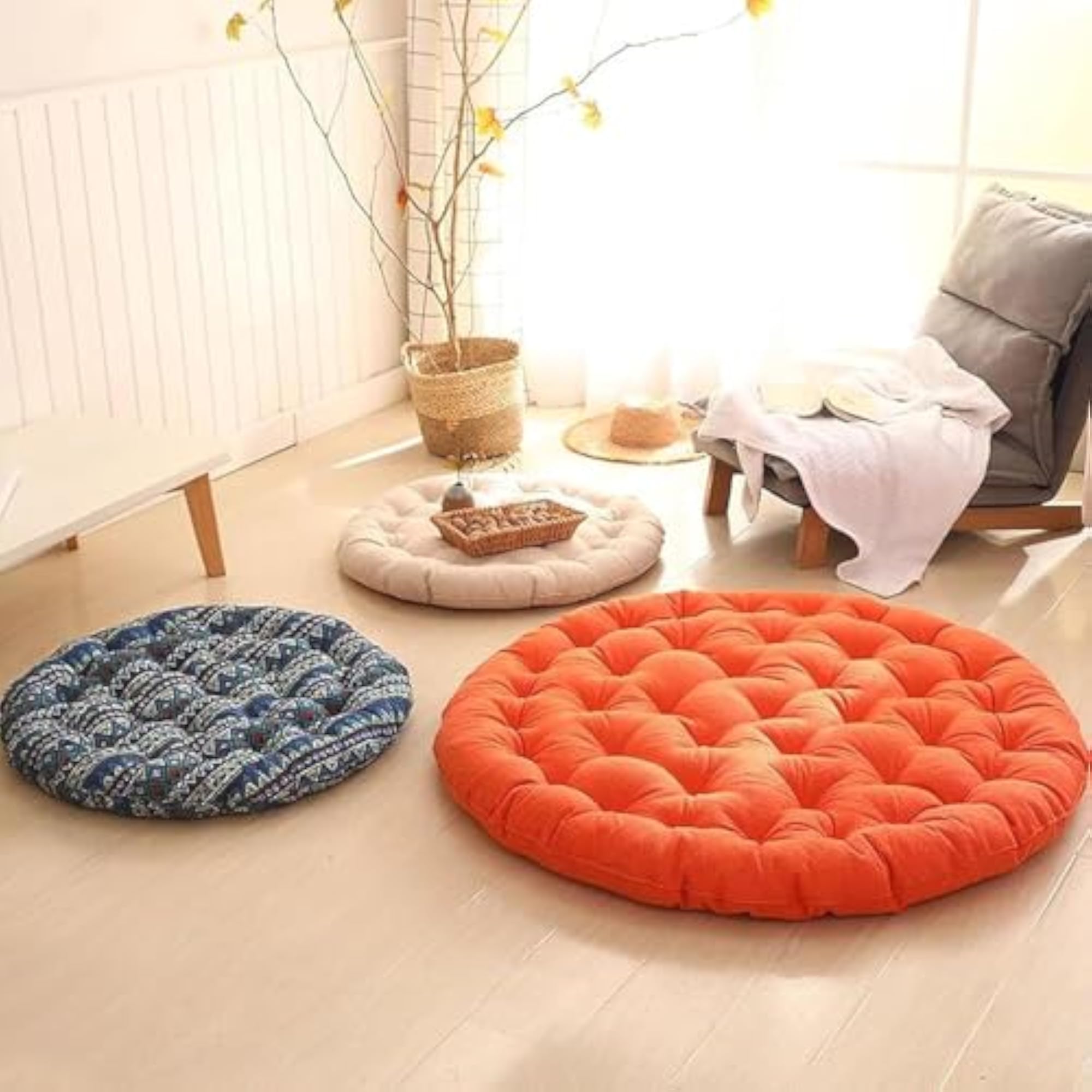 Large Floor Cushions, Round Linen Futon Pillows